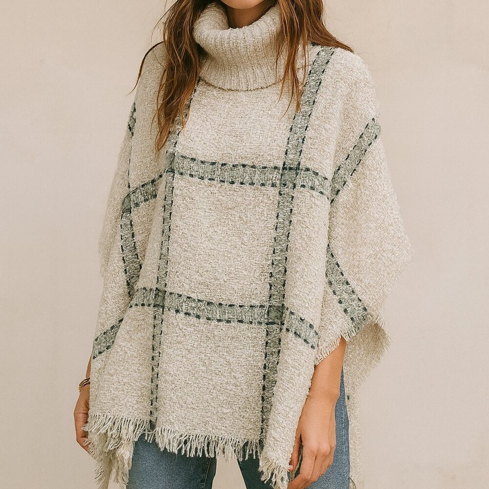 World‎ Market Plaid Knit Turtleneck Sweater Poncho Boho Western Coastal Bohemian